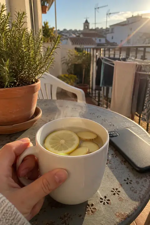Taza de infusión de jengibre y limón humeante en una mesita del balcón, junto a un móvil boca abajo