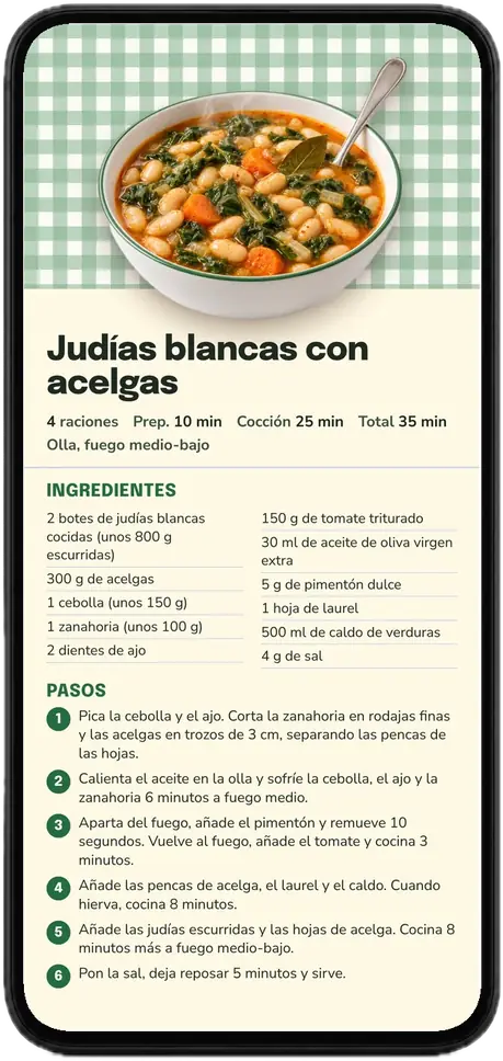 Ficha de la receta de judías blancas con acelgas del recetario, abierta en un móvil