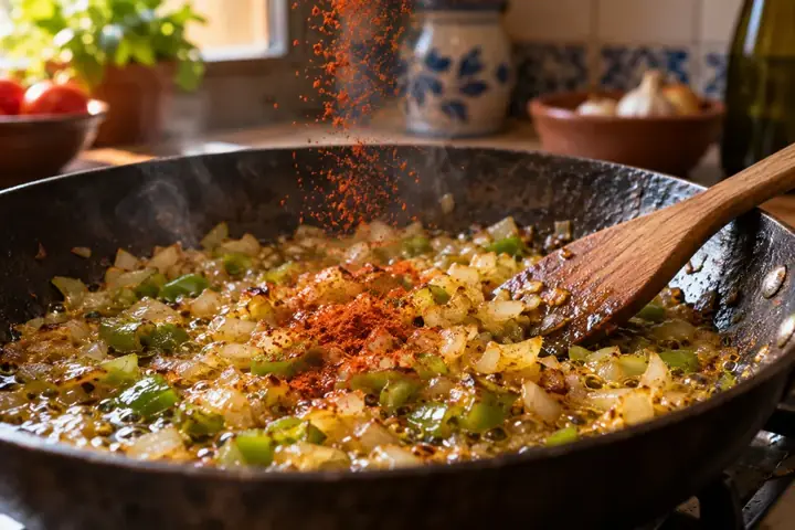 Sofrito de cebolla, ajo y pimiento verde dorándose en aceite de oliva con pimentón