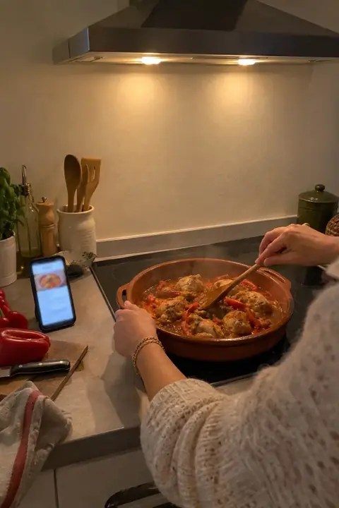 Manos removiendo una cazuela de barro con pollo y pimientos en la vitrocerámica de una cocina